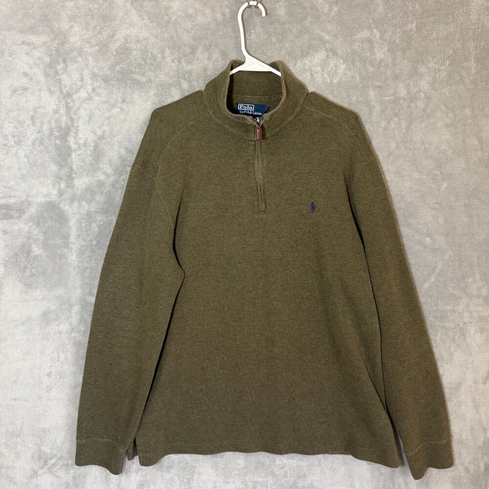 Polo Ralph Lauren Men's L Olive Green Quarter Zip Pullover Sweater 100% Cotton